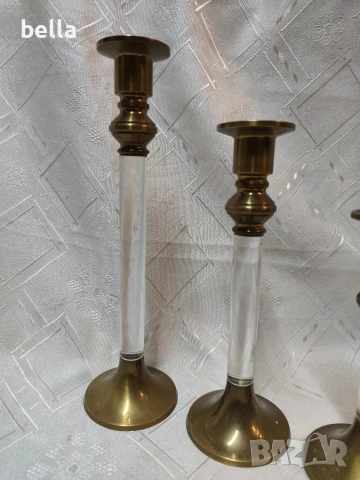 Елегантен комплект винтидж бронзови свещници (3 бр.) в стил Hollywood Regency., снимка 2 - Антикварни и старинни предмети - 53389830