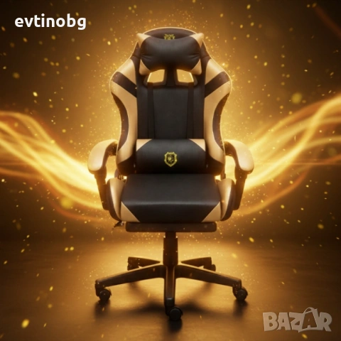 Геймърски стол с масажна функция, лумбална възглавница и поставка за крака – Черен-златист, снимка 2 - Столове - 53779709