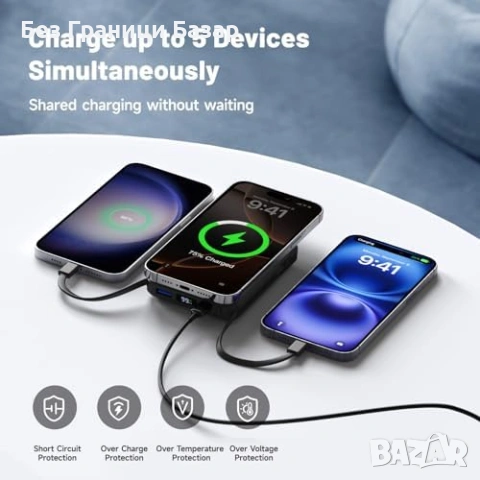Нова Външна батерия Магнитен power bank 10000mAh 15W безжично + вградени кабели, снимка 5 - Външни батерии - 53696175