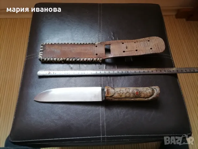 Голям ловен нож ръчно кован резба камъни, снимка 7 - Ножове - 49291308