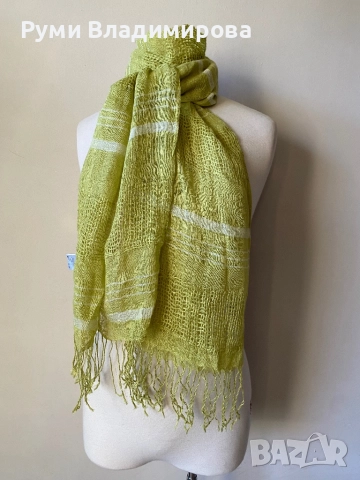 Светлозелен шал от 100 % лен, снимка 4 - Шалове - 52934671