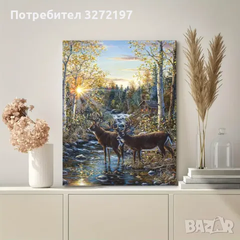 Картина на платно с дървена рамка-Елени в гората,30x40 см., снимка 2 - Картини - 48464051