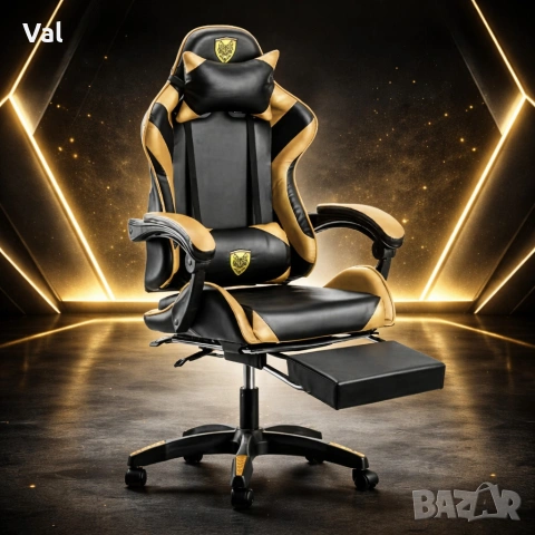 Черен геймърски стол с златисти акценти и разтегляема поставка за крака , снимка 2 - Столове - 53642078