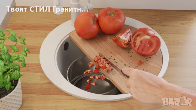 Бяла кръгла кухненска мивка от гранит Пиза 45 Top 500 x 500 мм, снимка 5 - Мивки - 50782881