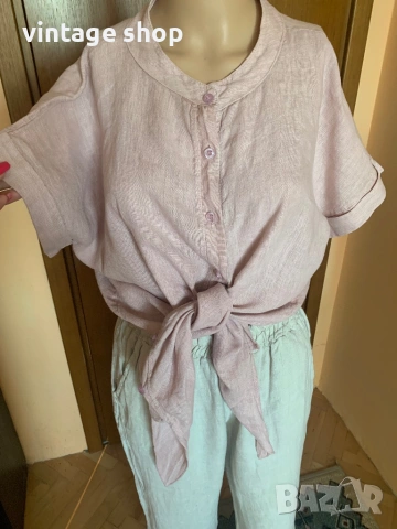 Бледорозова ленена риза с удължени краища 