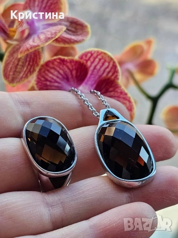 Марков сребърен комплект с Опушен кварц, снимка 2 - Колиета, медальони, синджири - 53906075