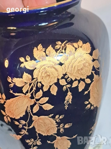 немска порцеланова ваза Bareuther кобалт с позлата М1, снимка 3 - Вази - 53010538