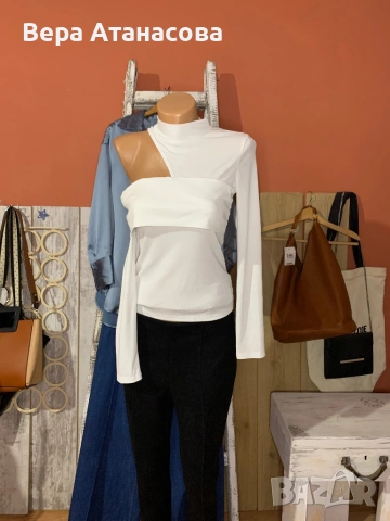 🤍 Екстравагантна бяла блуза от еластична рипсена материя🔝