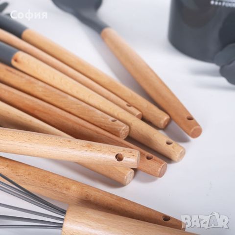 Комплект кухненски прибори от 12 бр. с дървена дръжка, снимка 4 - Аксесоари за кухня - 46185796