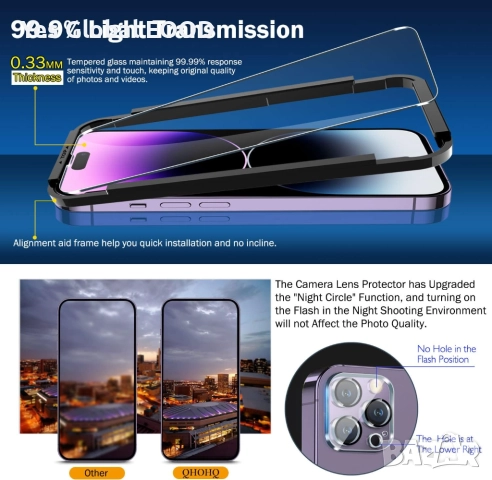 QHOHQ 3 броя стъклен протектор + 3 броя защита за камера iPhone 14 Pro Max 6.7"  Описание на продукт, снимка 3 - Калъфи, кейсове - 51582523