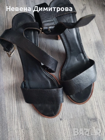 Черни сандали от естествена кожа с дървен дебел ток размер 38, снимка 2 - Сандали - 54214970