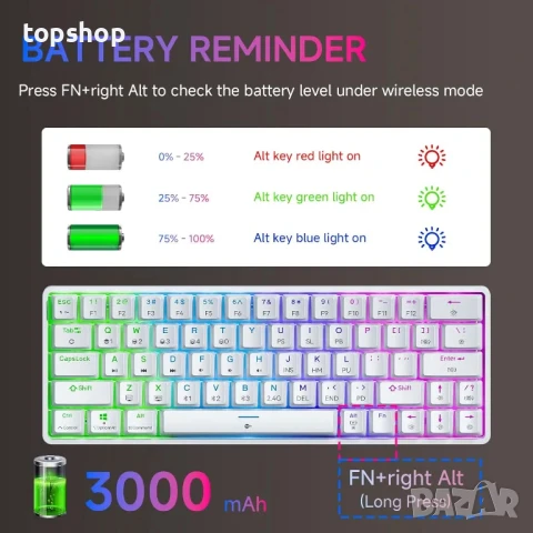 TMKB T63 механична клавиатура с Blue Switch, Bluetooth / 2.4G, снимка 3 - Клавиатури и мишки - 50511315