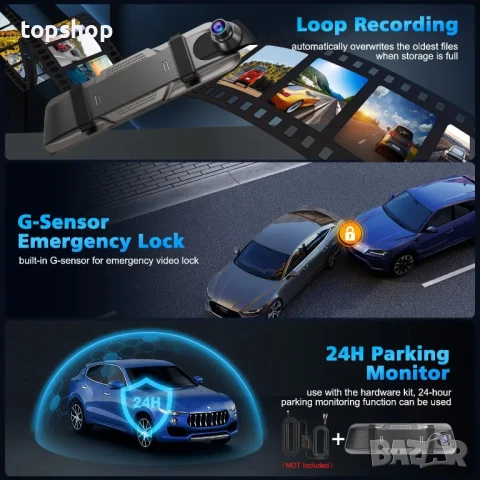 WeBeqer Dashcam, даш камера в  огледало с 10" сензорен екран, 64GB карта, 4K+1080P, 170 градуса..., снимка 4 - Аксесоари и консумативи - 50501438