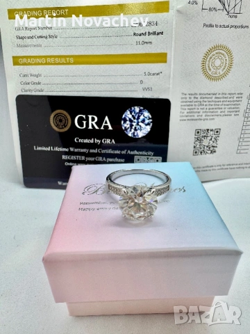 Сребърен пръстен с мойсанит (Диамант) 5 карата, снимка 9 - Пръстени - 54117262