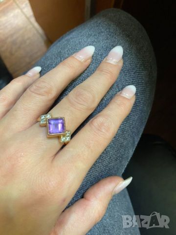 Руски златен пръстен с аметист и фианити, снимка 1 - Пръстени - 46379781
