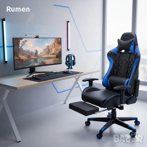 Геймърски стол за релакс с масаж и подложка за крака – син, снимка 10 - Столове - 53238091
