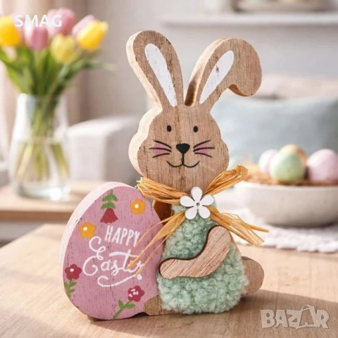Великденска дървена настолна декорация зайче със синтетична козина, розово яйце 10x2x13 см_1260331
