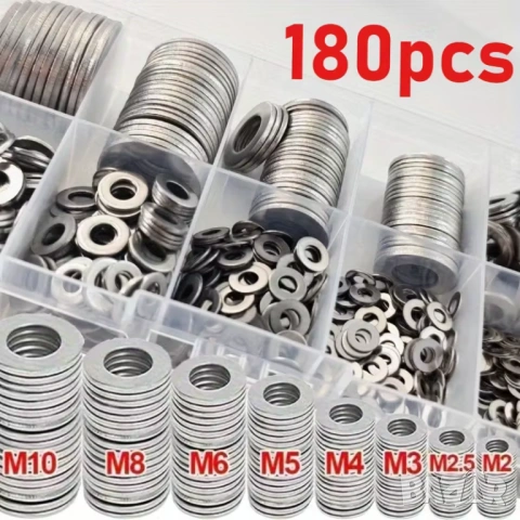 180 бр. комплект неръждаеми шайби, полирана повърхност, размери M2-M10
