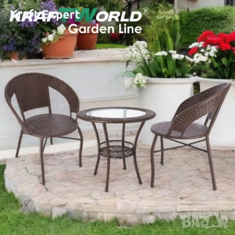 Ратанов Комплект с Маса и Два Стола в Тъмно Кафяво – Стил и Комфорт за Вашата Градина!, снимка 1