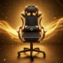 Геймърски стол с масажна функция, лумбална възглавница и поставка за крака – Черен-златист, снимка 2