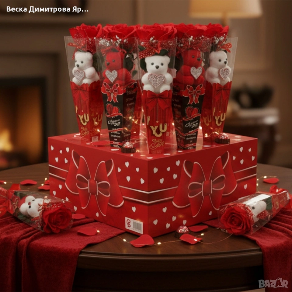 Романтичен букет с мече и червени рози, снимка 1