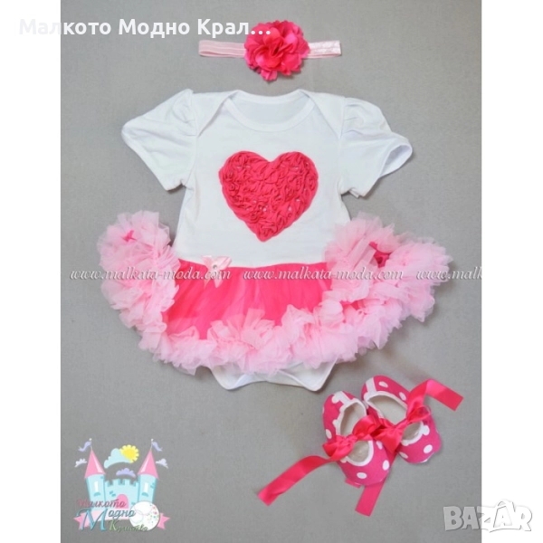 Комплект "Сърце-рози" - боди рокличка, пантофки и лента за коса, снимка 1