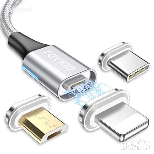 RAVIAD 3 в 1 магнитен кабел за зареждане, найлонова оплетка, USB към Micro USB/Type C/ Lighting , снимка 1