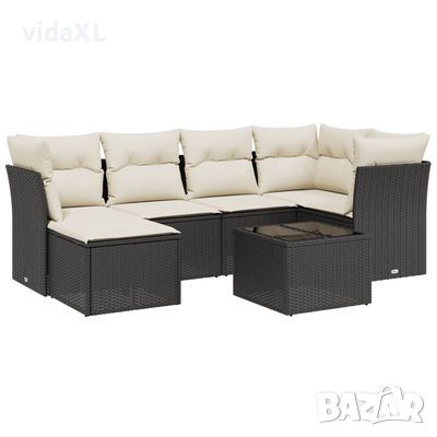 vidaXL Градински комплект диван с възглавници 7 части черен полиратан（SKU:3263182, снимка 1