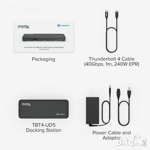 Plugable докинг станция Thunderbolt 4, един 8K или два 4K HDMI, 100 W, снимка 6 - Захранвания и кутии - 49457646