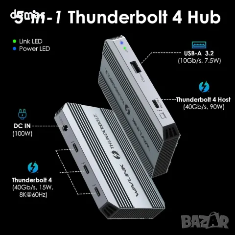 Докинг станция Thunderbolt 4, WAVLINK USB C хъб с двоен 4K@60Hz дисплей, 100w PD, USB-A 3.2 Gen 2, снимка 2 - Кабели и адаптери - 49889973