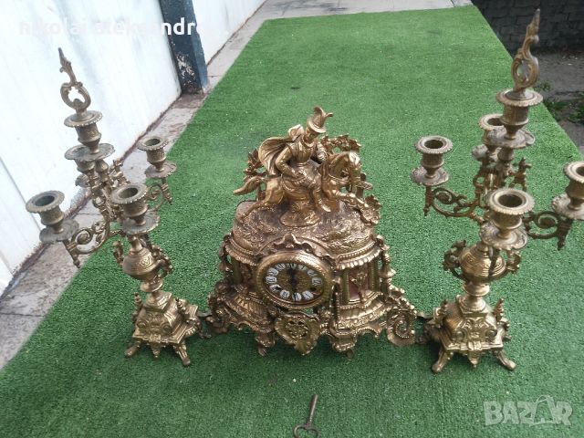 комплект каминем часовник и свещник, снимка 1 - Антикварни и старинни предмети - 46269309