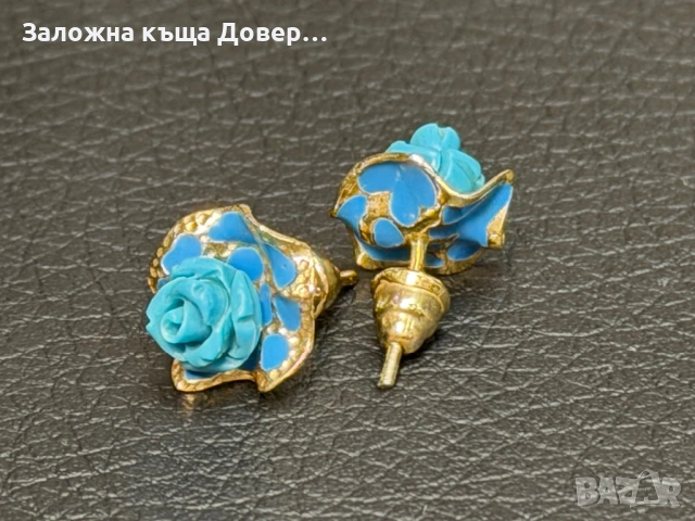 Златни обеци рози син тюркоаз  14 карата 585 zlatni obeci zlaten gold, снимка 3 - Обеци - 54240191