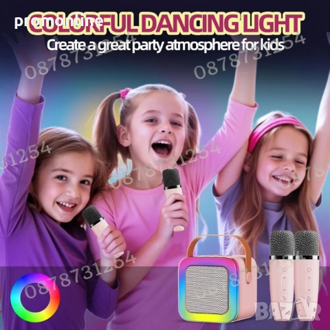 Детска Преносима Блутуут Караоке Тонколона с Два Безжични Микрофона, снимка 4 - Музикални играчки - 52596483