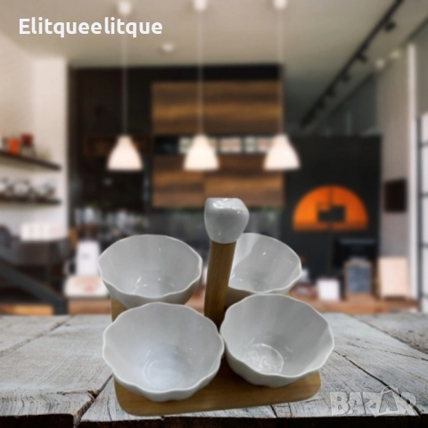 Елегантен комплект от 4 керамични купички с дървена стойка, снимка 5 - Други - 52188157