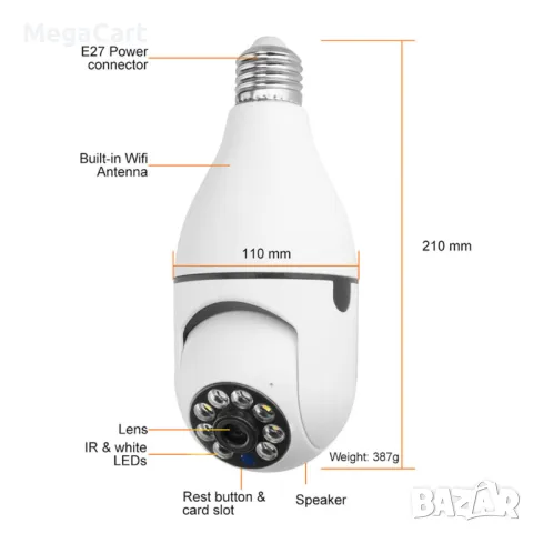 Смарт охранителна камера PST-F1-3MP, 3.0Mp, PTZ, За фасунга E27, Wi-Fi, Tuya Smart, Бял, снимка 2 - IP камери - 48753346