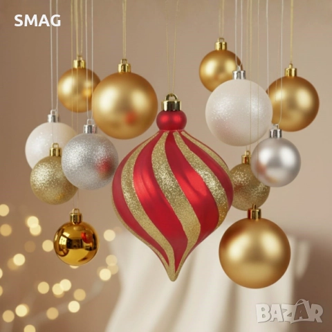 Коледна топка червена с вълнообразни линии и брокат Ø15 см_1254115, снимка 2 - Други - 52354399