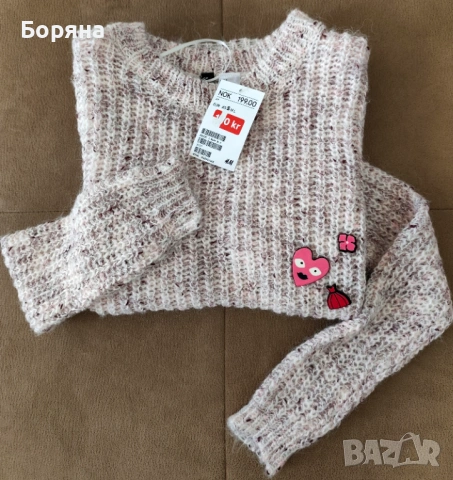 H&M нов с етикет пуловер розов меналж с брошки, снимка 4 - Блузи с дълъг ръкав и пуловери - 53446207