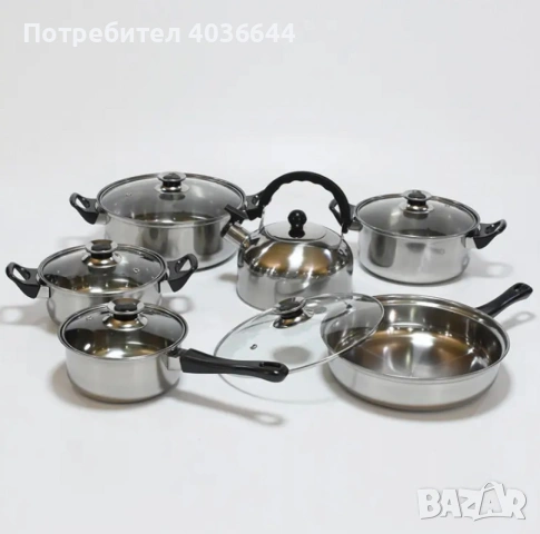 Комплект от 12 части за всяка кухня. 3бр тенджери, тиган, касерола и чайник и капаци, снимка 5 - Съдове за готвене - 53596868