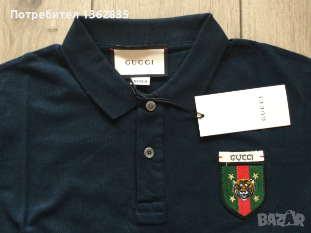 НОВА тъмно синя памучна поло тениска яка якичка GUCCI / Гучи размер M, снимка 4 - Тениски - 53450134