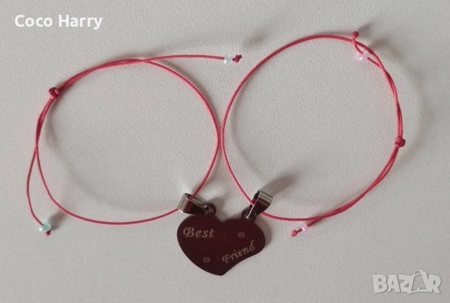 Гривни за най-добри приятелки,на червен конец,ръчно изработени, снимка 2 - Гривни - 52889217