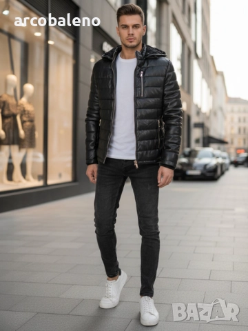 Мъжко черно зимно ватирано кожено яке, снимка 3 - Якета - 52923565