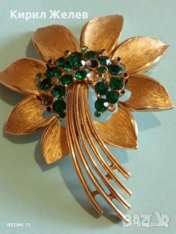 Брошка с златист тон във формата на цвете със ЗЕЛЕН ИЗУМРУД 31904, снимка 7 - Други - 52570626