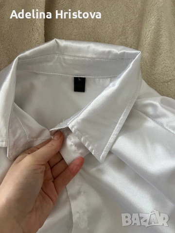  Бяла бляскава сатенена мъжка риза размер Л, снимка 4 - Ризи - 52878558