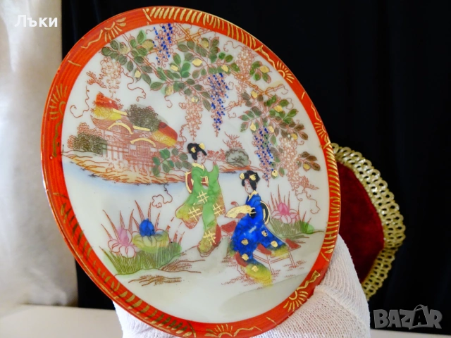 Чаша с чиния японски порцелан,злато,печат. , снимка 3 - Антикварни и старинни предмети - 53658978