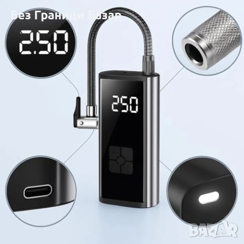 Нов Безжичен компресор Акумулаторна помпа за гуми 150 PSI за кола велосипед, снимка 7 - Друга електроника - 54092602