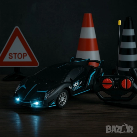 Високоскоростна дрифт кола с дистанционно управление – състезателна играчка с LED светлини и устойчи, снимка 2 - Коли, камиони, мотори, писти - 52032385