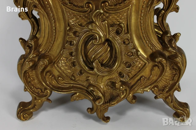 Немски Каминен Механичен Часовник Месингов С Орнаменти, снимка 5 - Антикварни и старинни предмети - 51394258