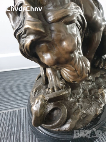 60см-22кг Barye статуя-композиция/голяма бронзова скулптура/фигура на лъв и змия, снимка 9 - Статуетки - 52840155