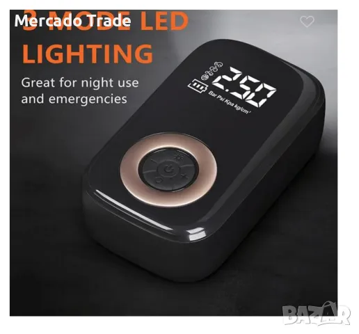 Преносима електрическа помпа за гуми Mercado Trade, LED светлина, 3 функции, снимка 2 - Аксесоари и консумативи - 50094359