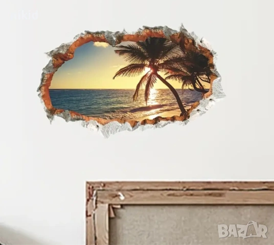 Палма палми изгрев залез море Дупка в стена самозалепващ стикер лепенка за стена , снимка 2 - Други - 53891965